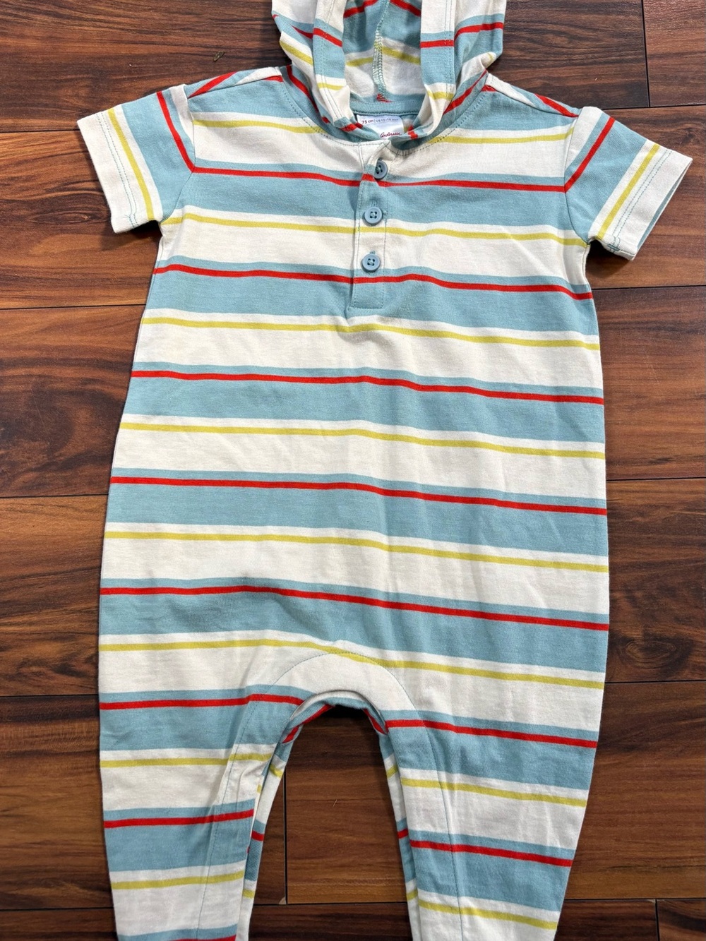 Hanna Andersson Striped Hooded Baby One-Piece in Light Blue, White & Red - Kids